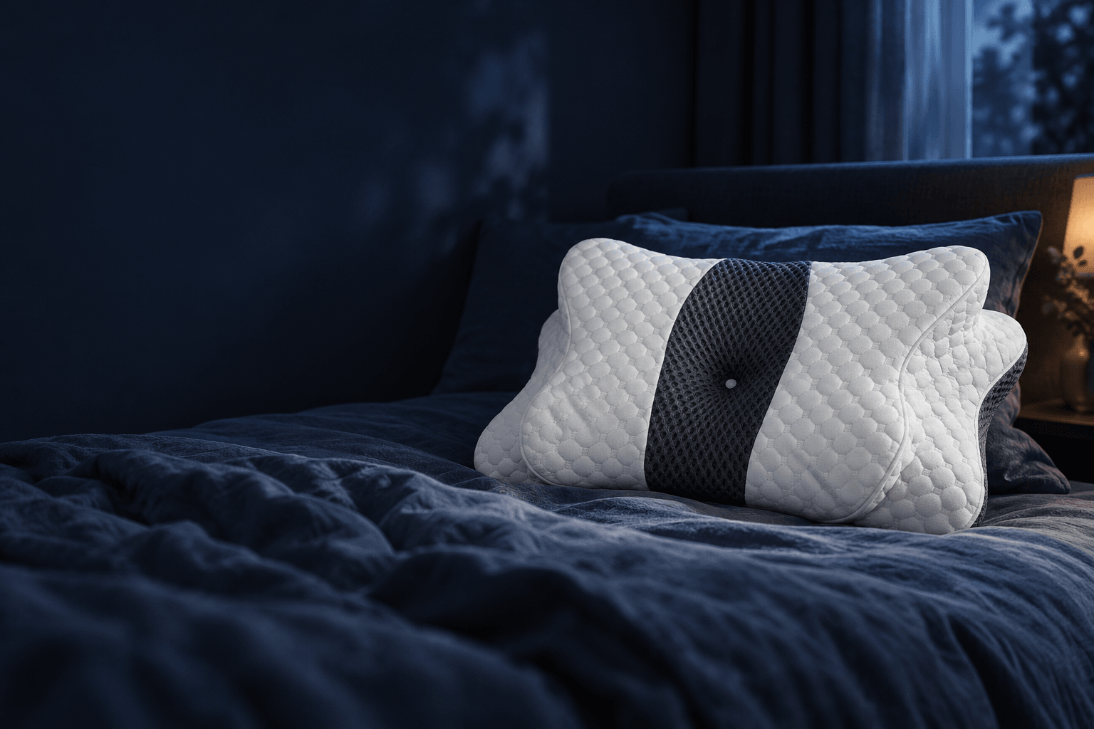 Almofada CloudSleep numa cama, à noite