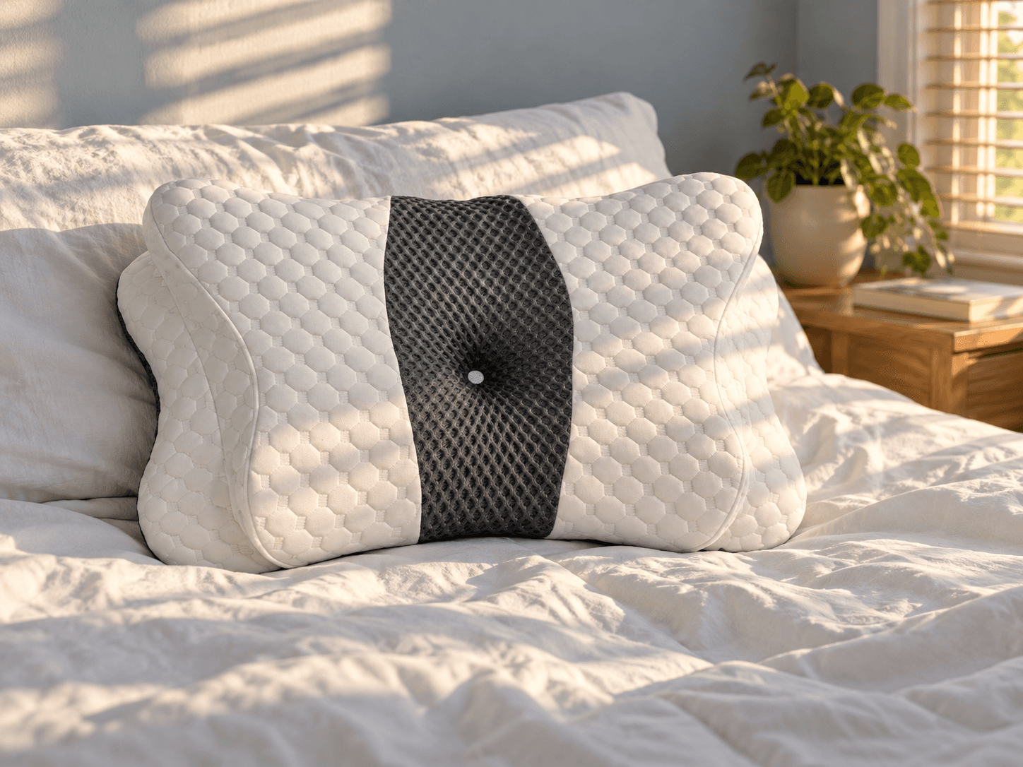 Cama com luz da manhã a entrar pela janela