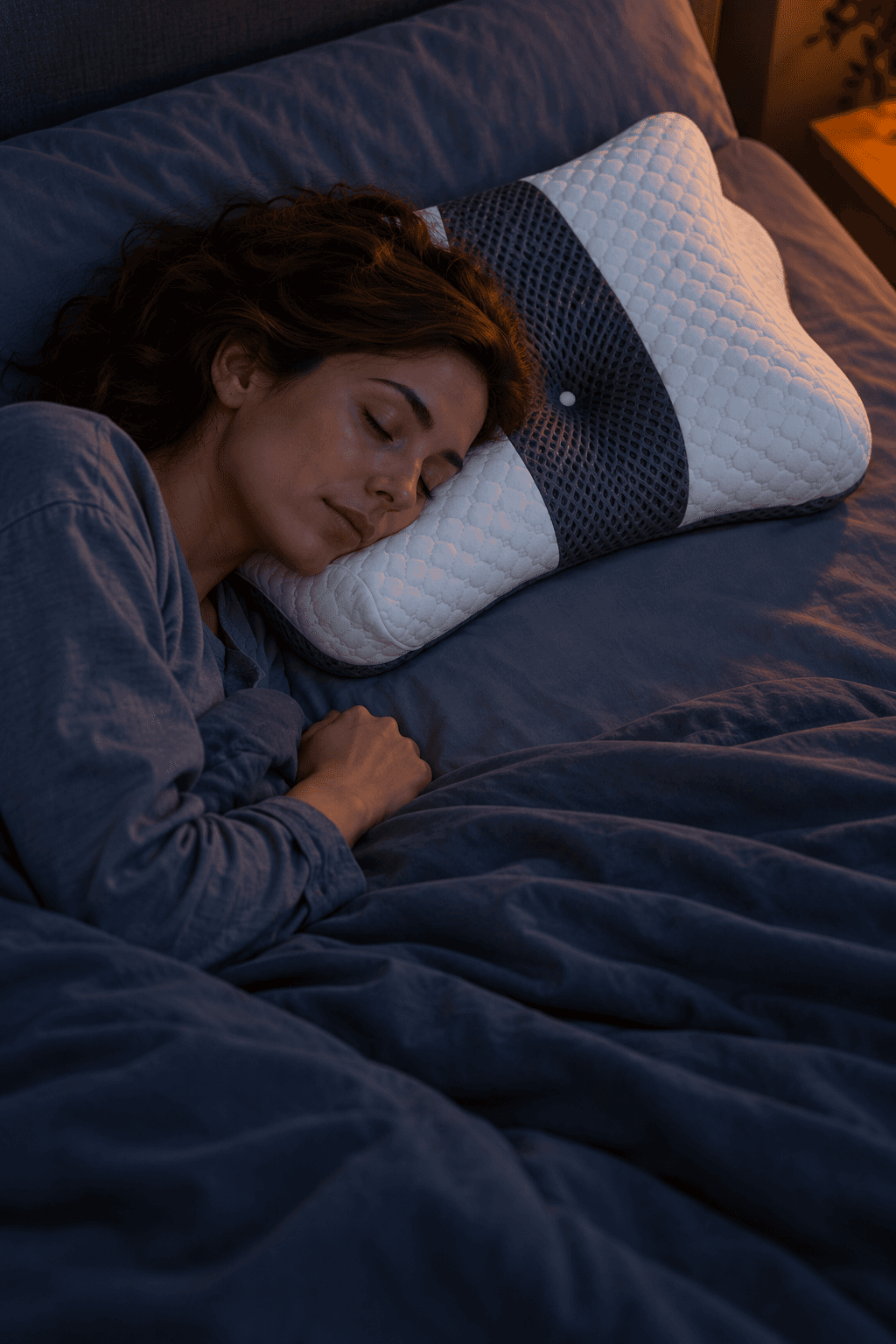 Cama iluminada por um candeeiro durante a noite